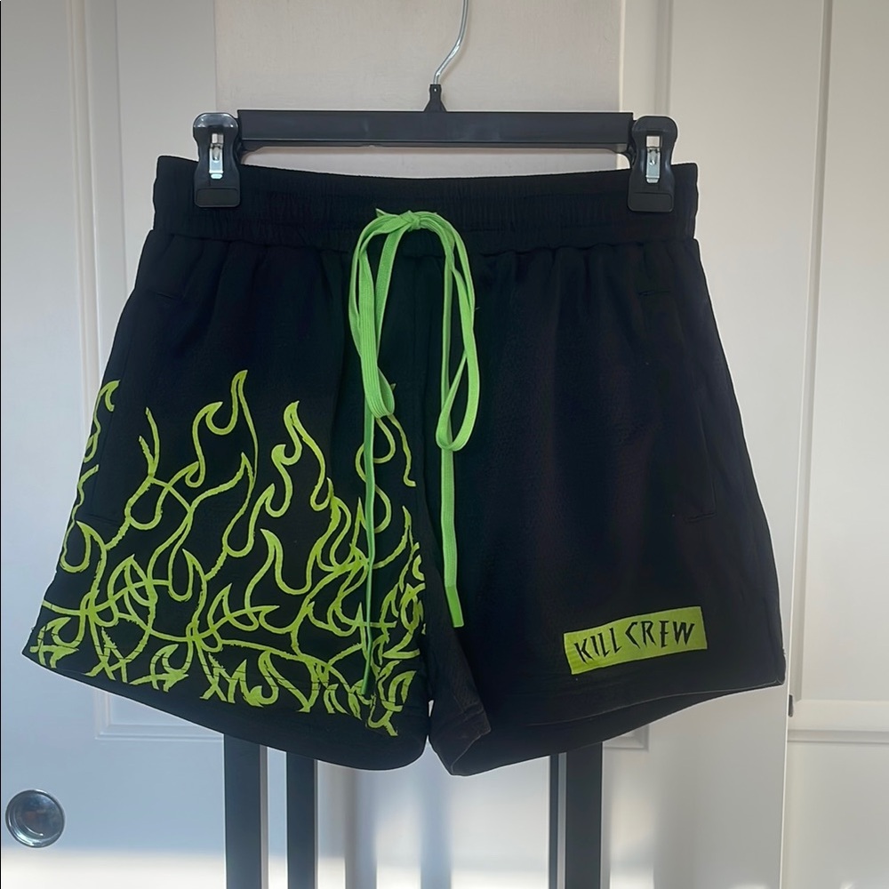 Kill Crew Black and Green Athletic Shorts with Neon Accents